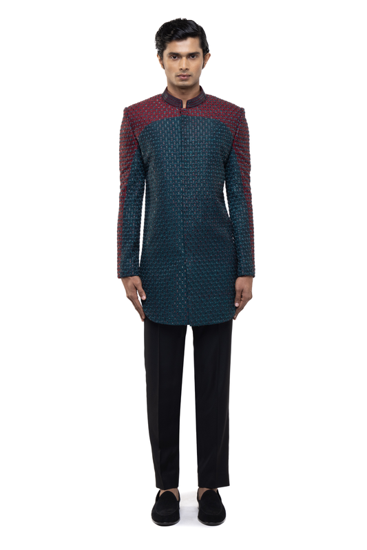 Maroon and Blue Silk Color block Embroidered Sherwani Set