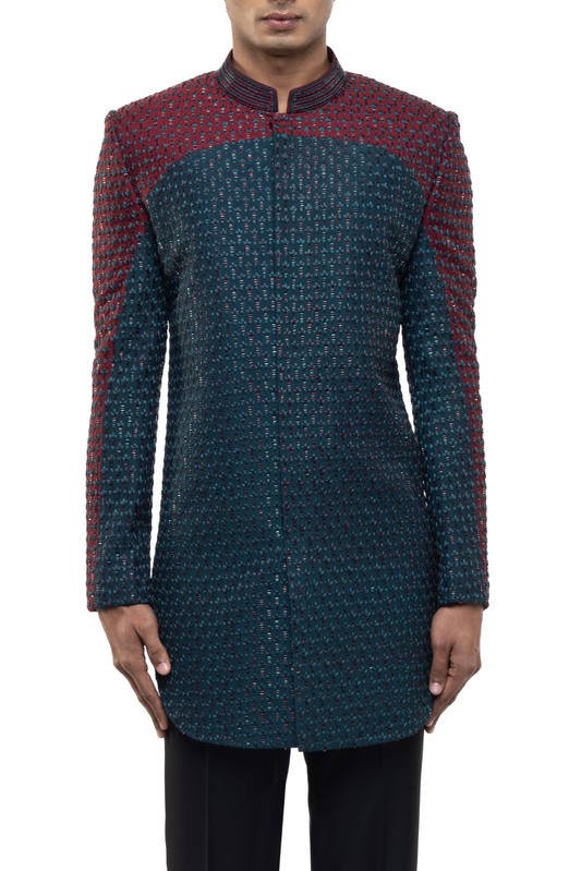 Maroon and Blue Silk Color block Embroidered Sherwani Set