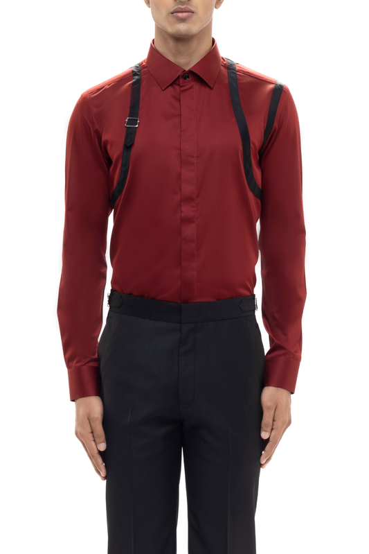 Maroon Cotton Shirt with Black Double Shoulder Harness Accents