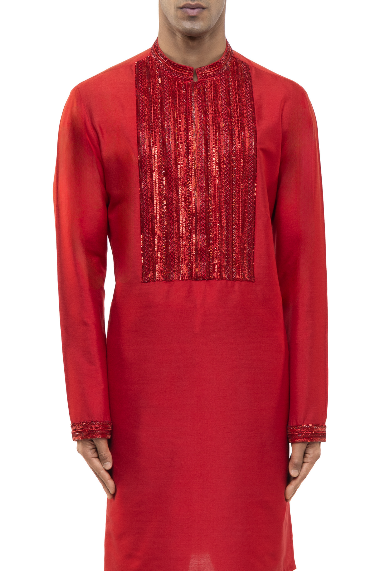 Red Silk Geometric Lines Embellished Kurta Set