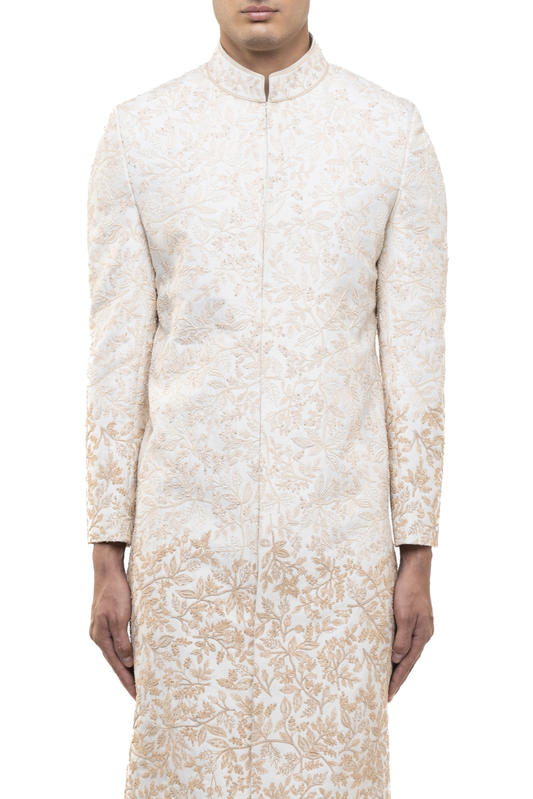 Ivory & Beige Silk Faded Hand Embroidery Sherwani Set