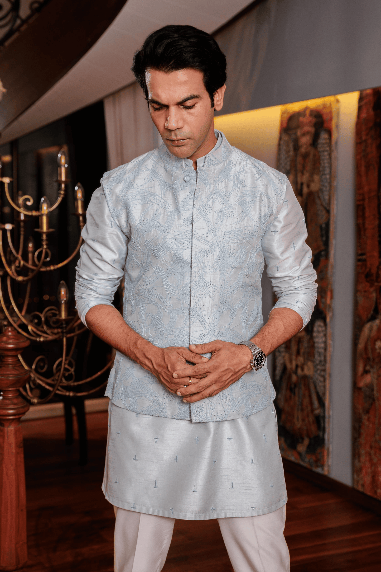 Light Blue Hand Embroidered Kurta-Bandi Set