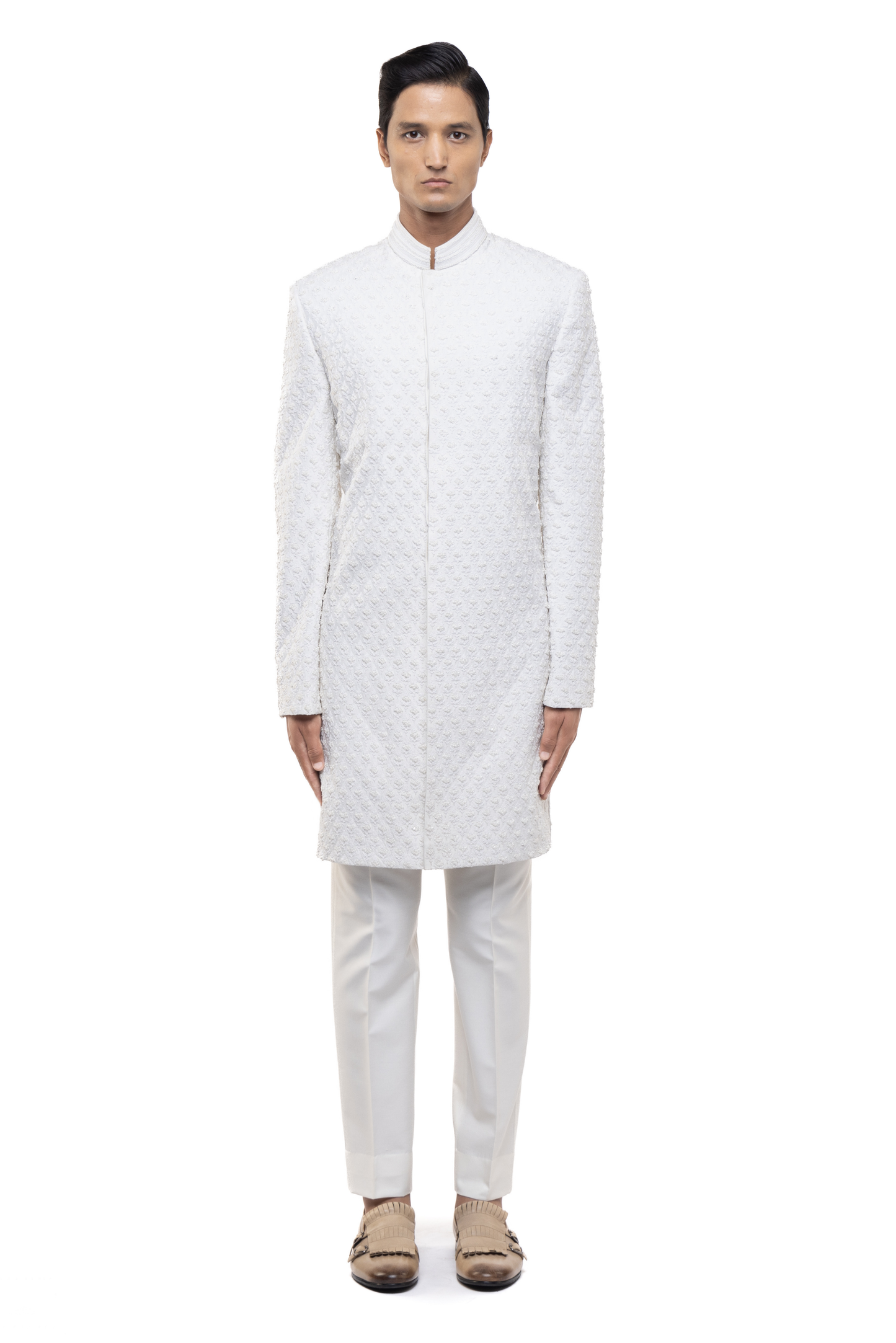 White Silk Beaded Embroidery Sherwani Set