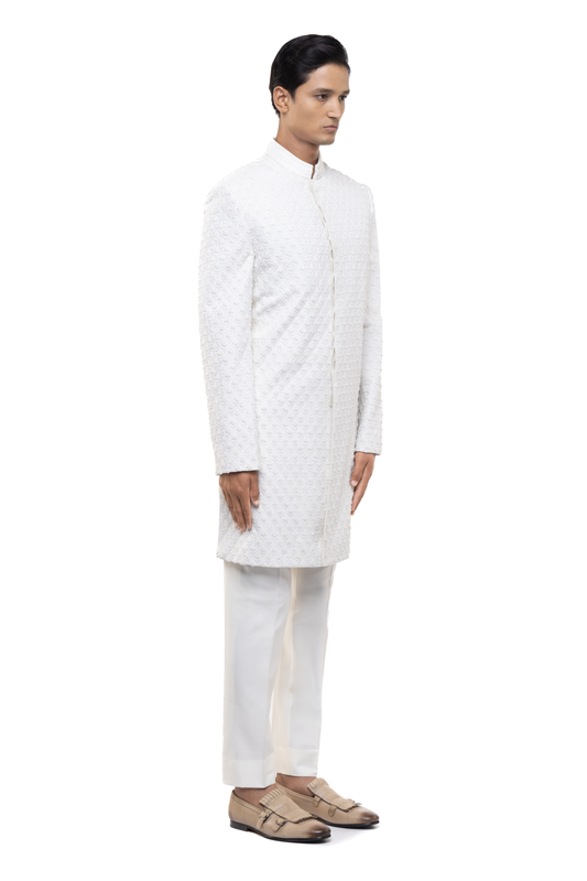 White Silk Beaded Embroidery Sherwani Set