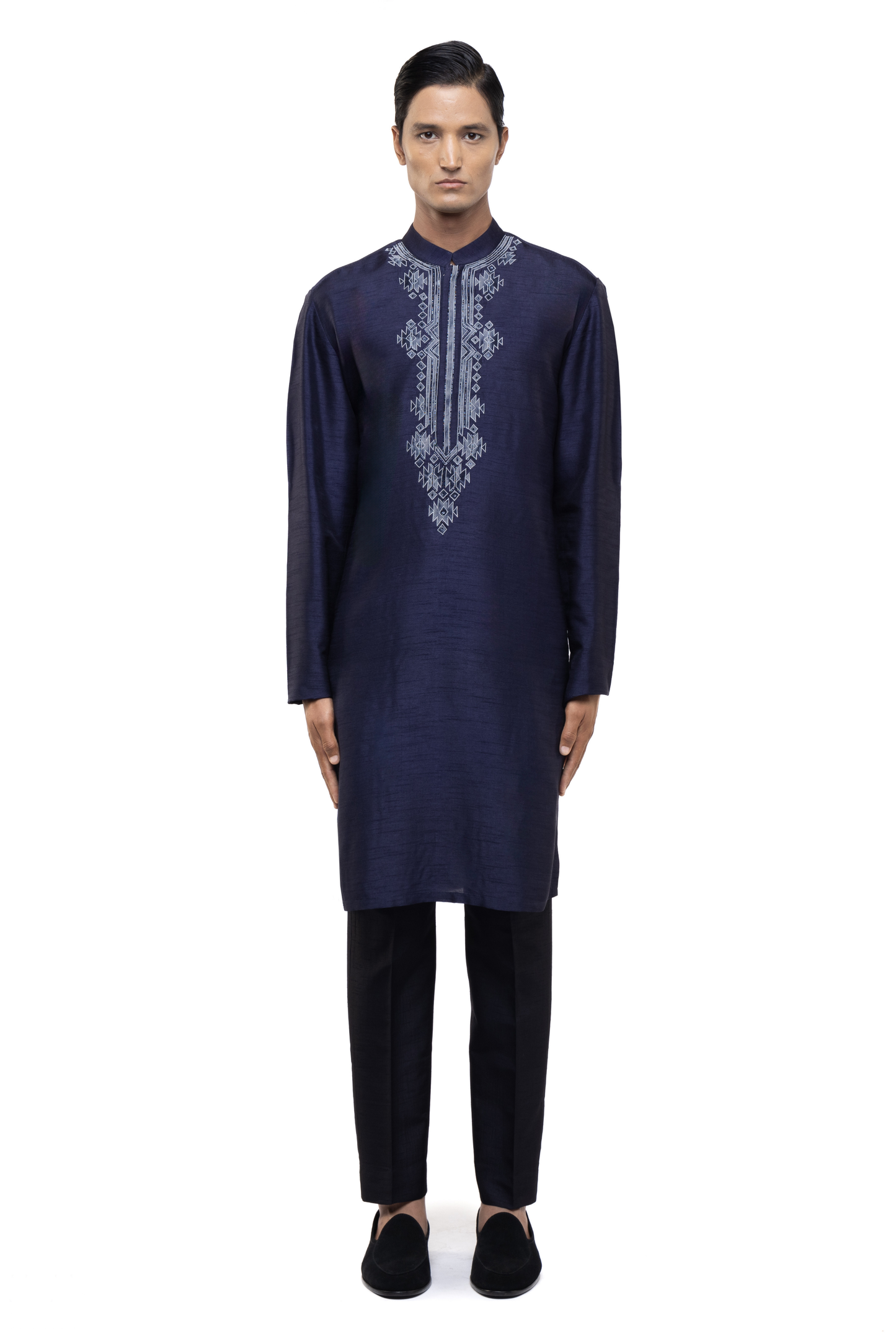 Navy Blue & White Silk Embroidered Kurta Set