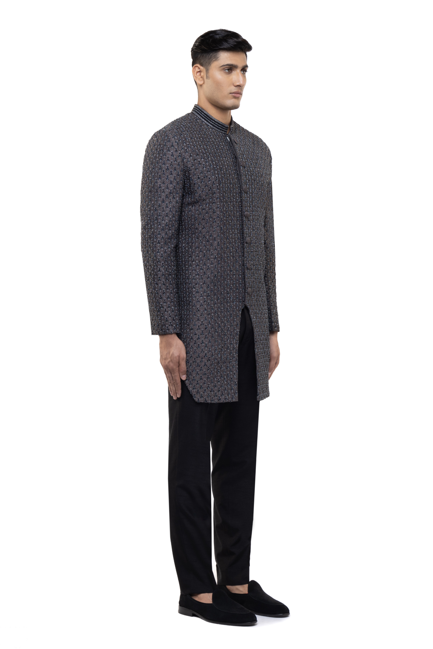 Grey Silk Bucket Hem Embellished Sherwani Set