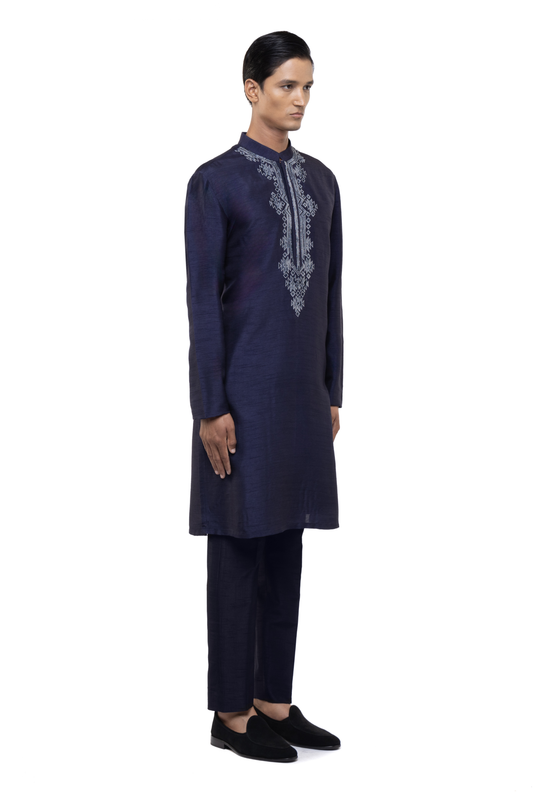 Navy Blue & White Embroidered Kurta Set