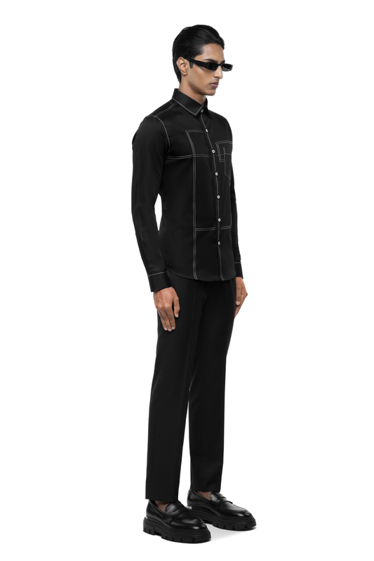 Black Cotton Shirt with White Stitchlines