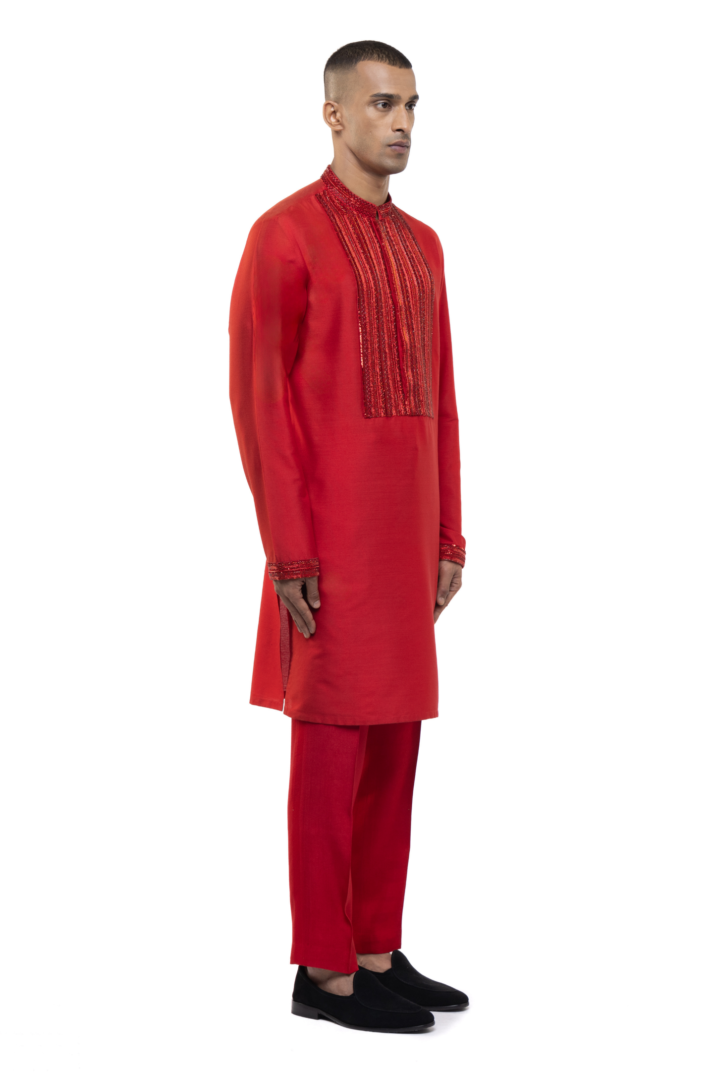 Red Silk Geometric Lines Embellished Kurta Set