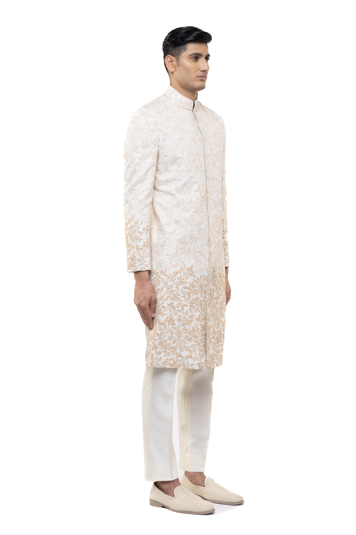 Ivory & Beige Silk Faded Hand Embroidery Sherwani Set