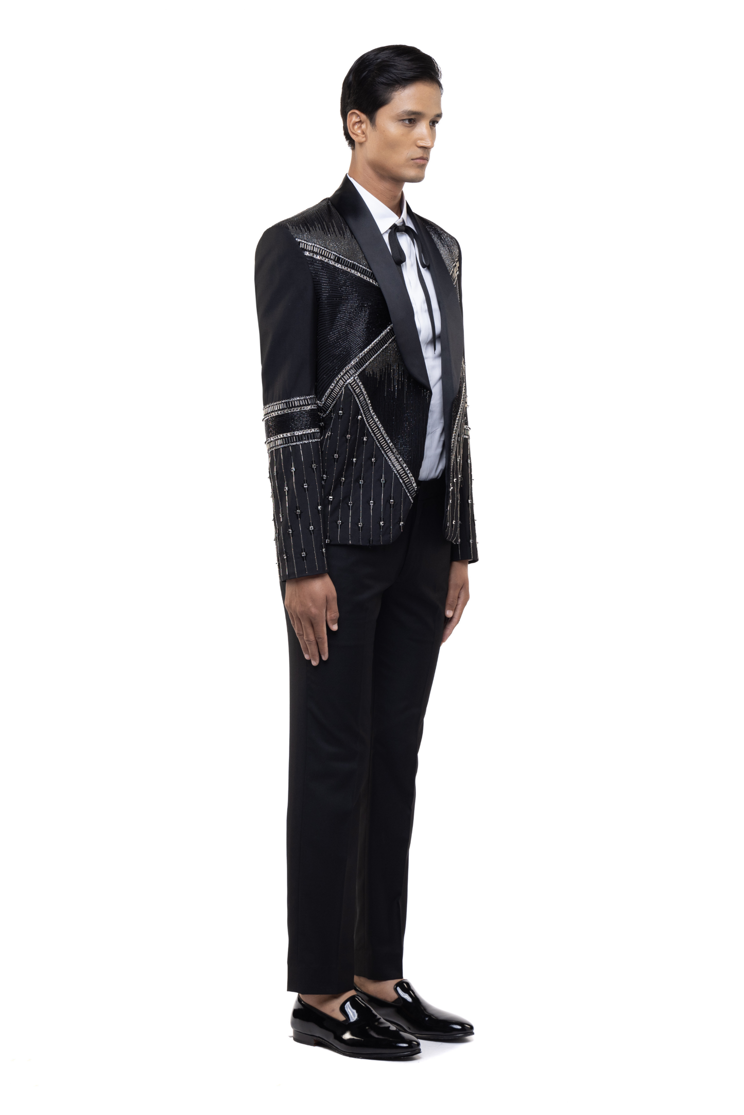 Black & Silver Worsted Wool Rhinestone Embellished Open Shawl Lapel Tuxedo Set