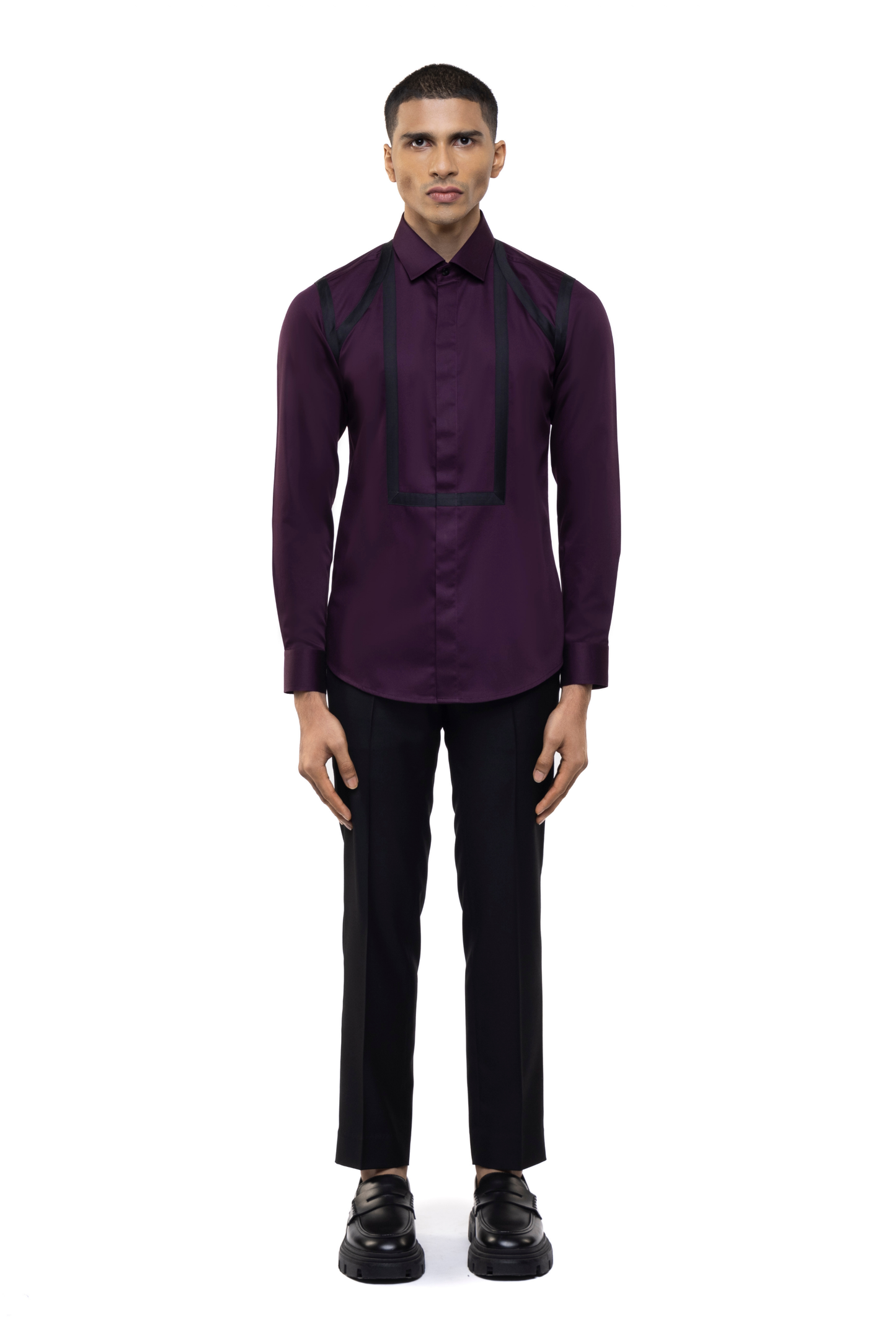 Wine Cotton Shirt with Black Twill Accents