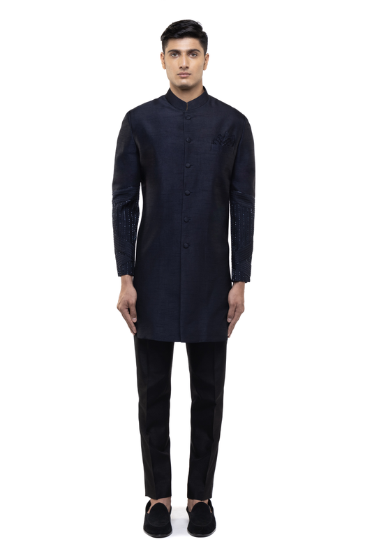 Navy Blue Silk Classic Embroidered Sleeves Sherwani Set