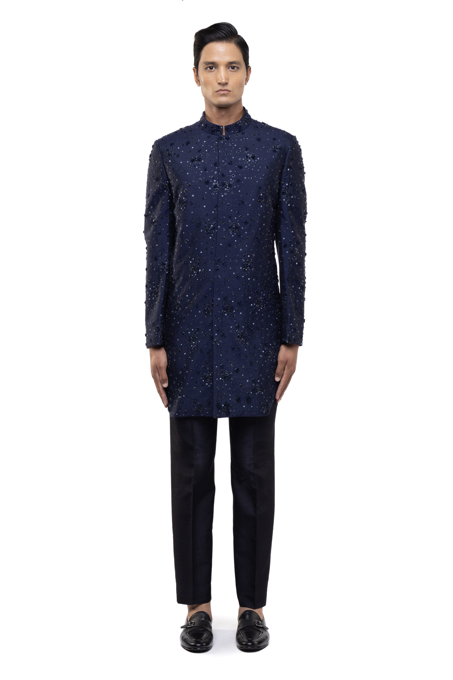 Navy Blue Organza Applique Embroidered Sherwani Set