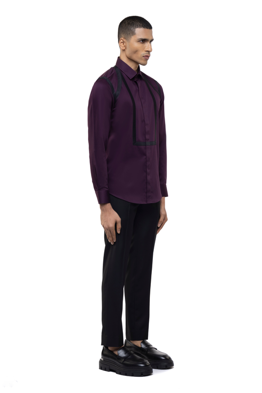 Wine Cotton Shirt with Black Twill Accents