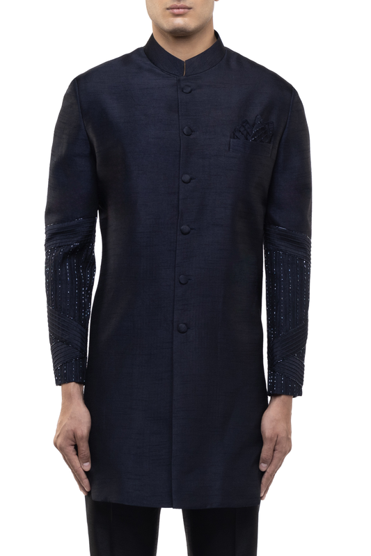 Navy Blue Silk Classic Embroidered Sleeves Sherwani Set