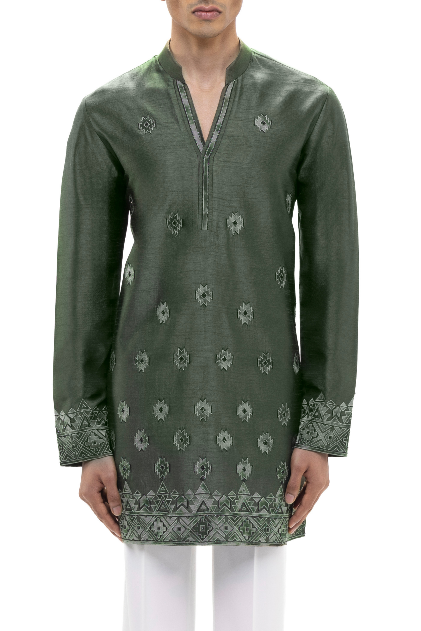 Green Organza Contrast Applique Embroidered Kurta Set