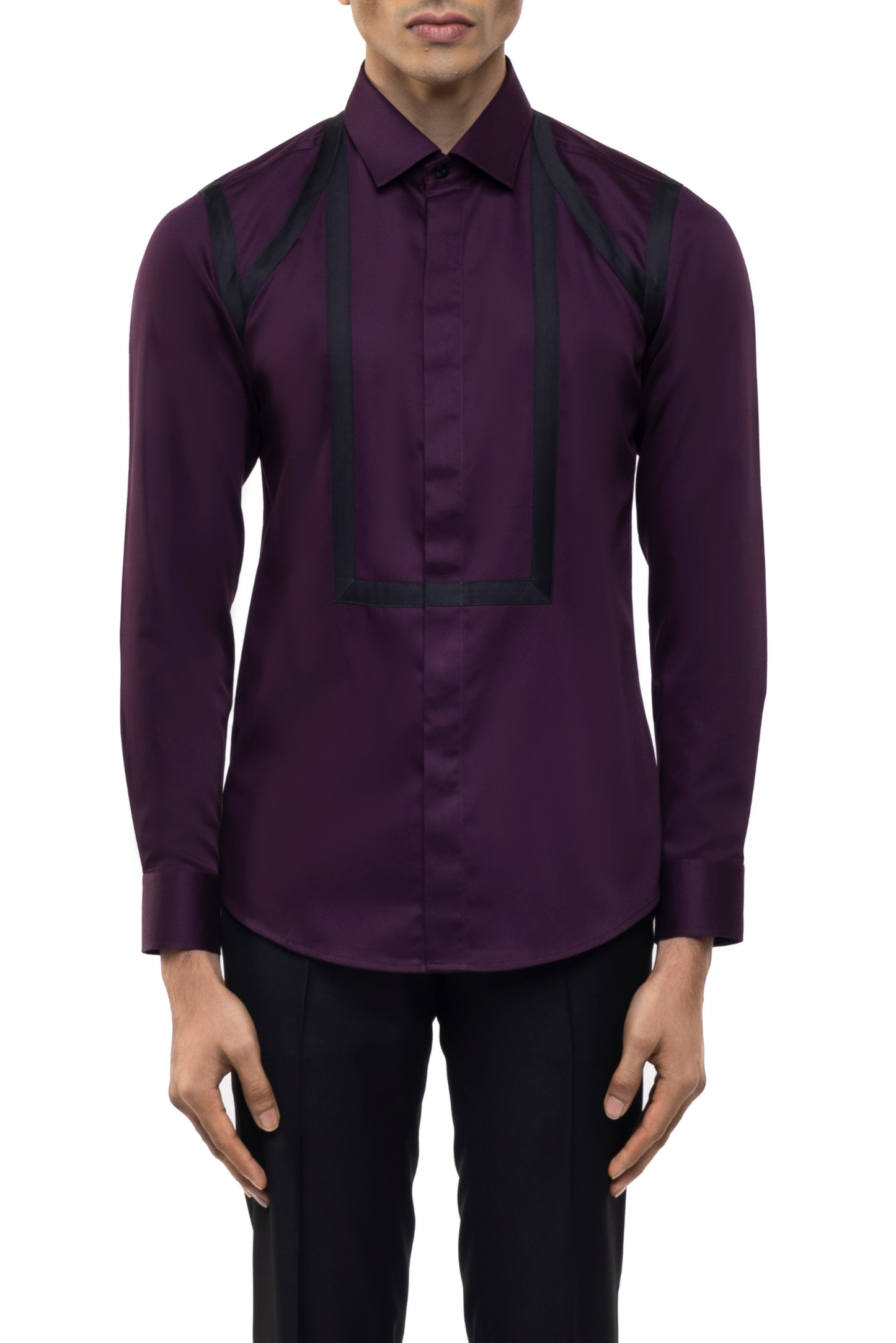 Wine Cotton Shirt with Black Twill Accents