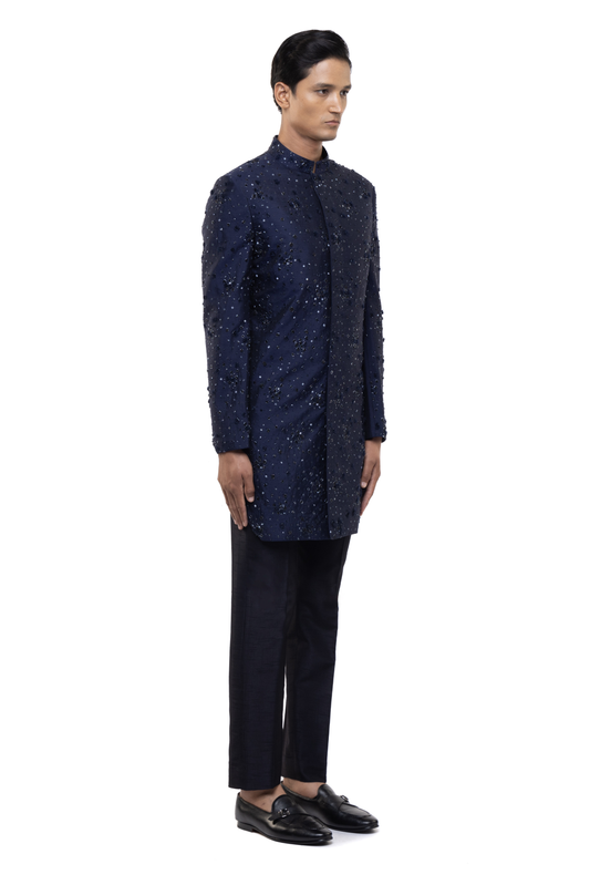 Navy Blue Organza Applique Embroidered Sherwani Set