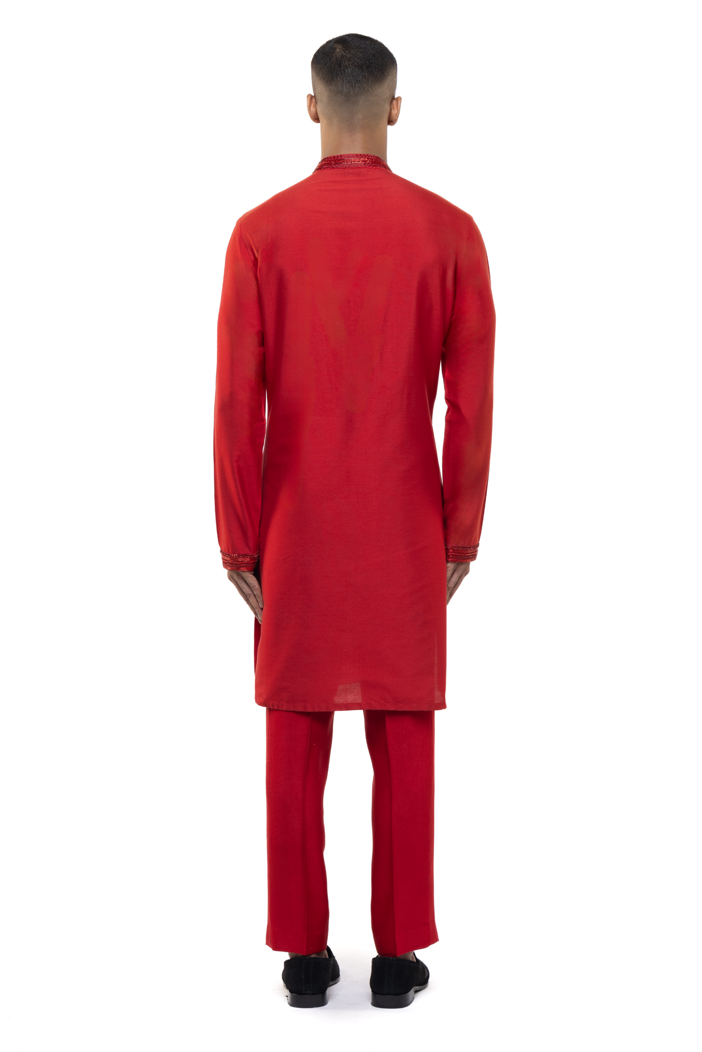 Red Silk Geometric Lines Embellished Kurta Set