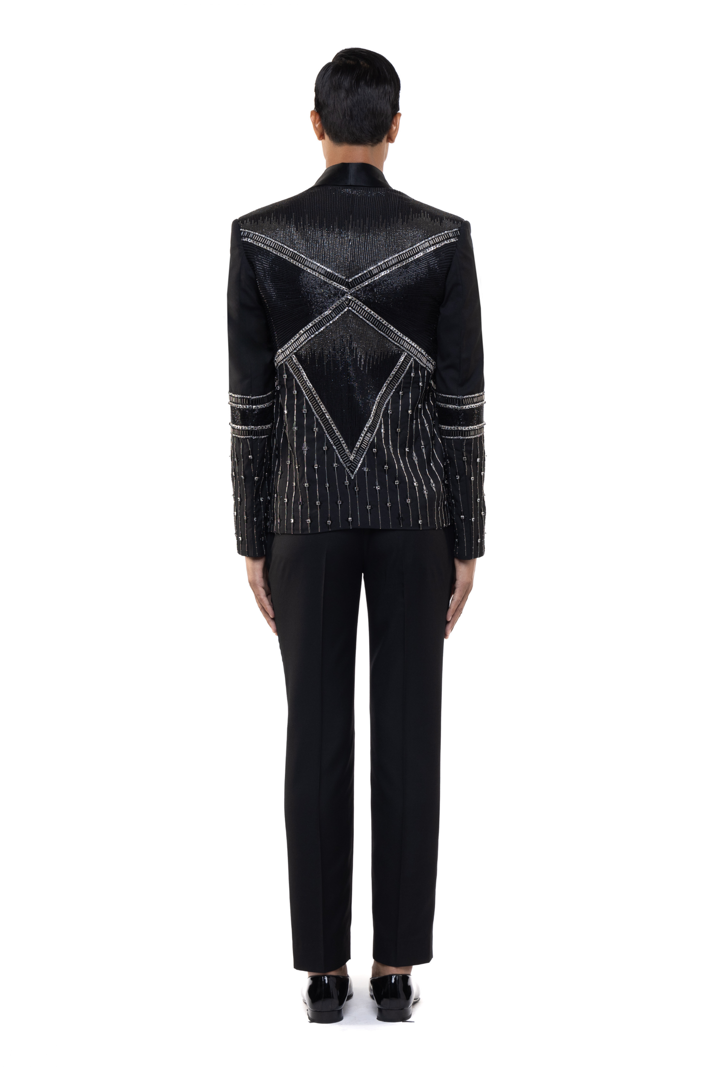 Black & Silver Worsted Wool Rhinestone Embellished Open Shawl Lapel Tuxedo Set
