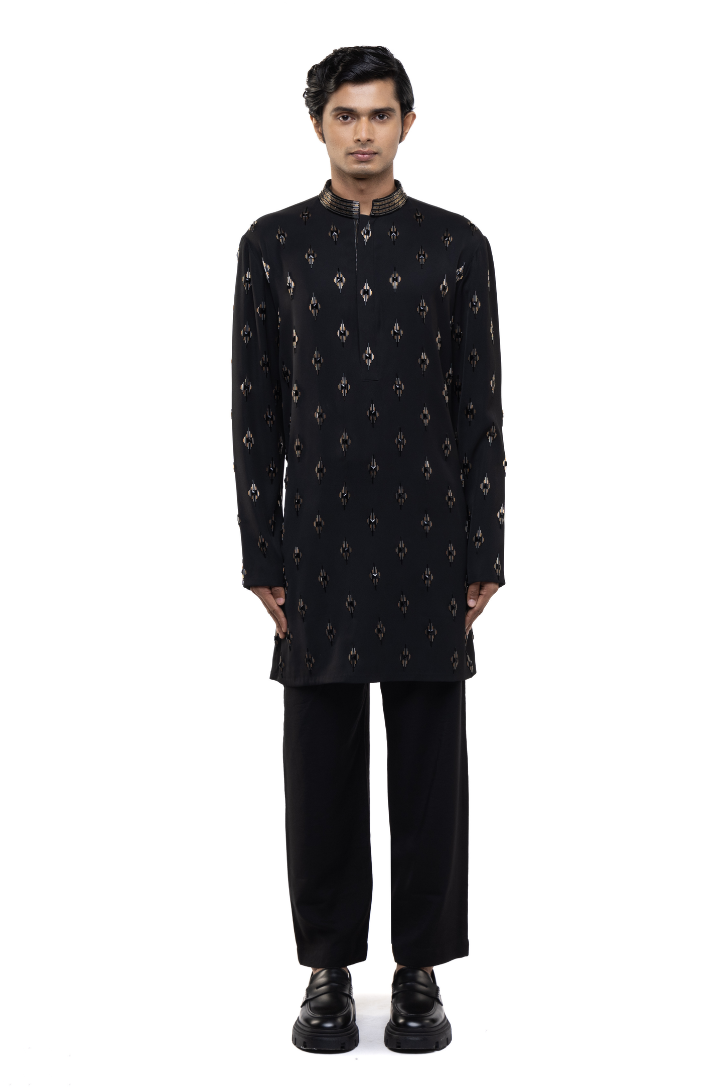 Black Cotton Motifs Embellished Kurta Set