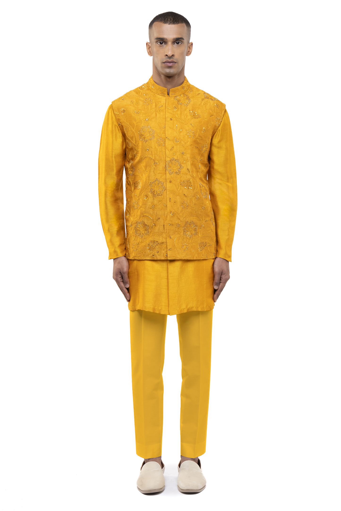 Yellow Georgette Floral Embroidery Kurta Bandi Set