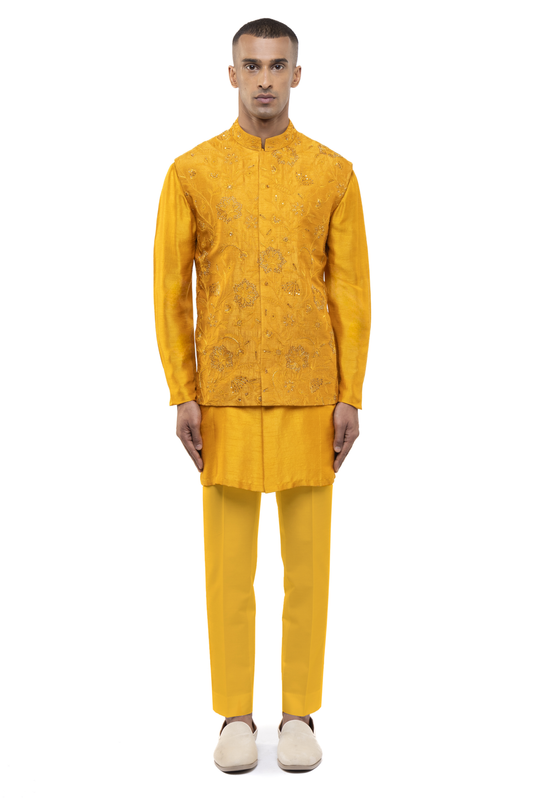 Yellow Floral Embroidery Kurta Bandi Set