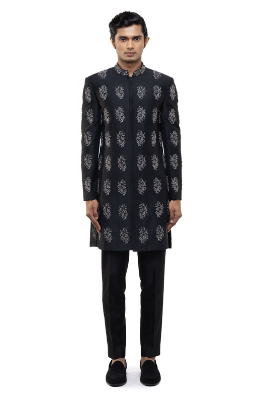 Black & Chrome Silk Embroidered Motifs Sherwani Set