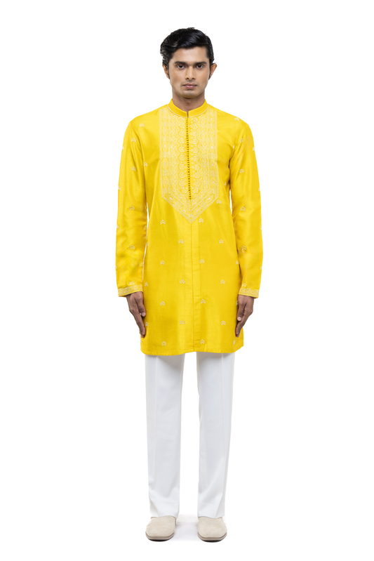 Yellow & White Hand Embroidery Kurta Set