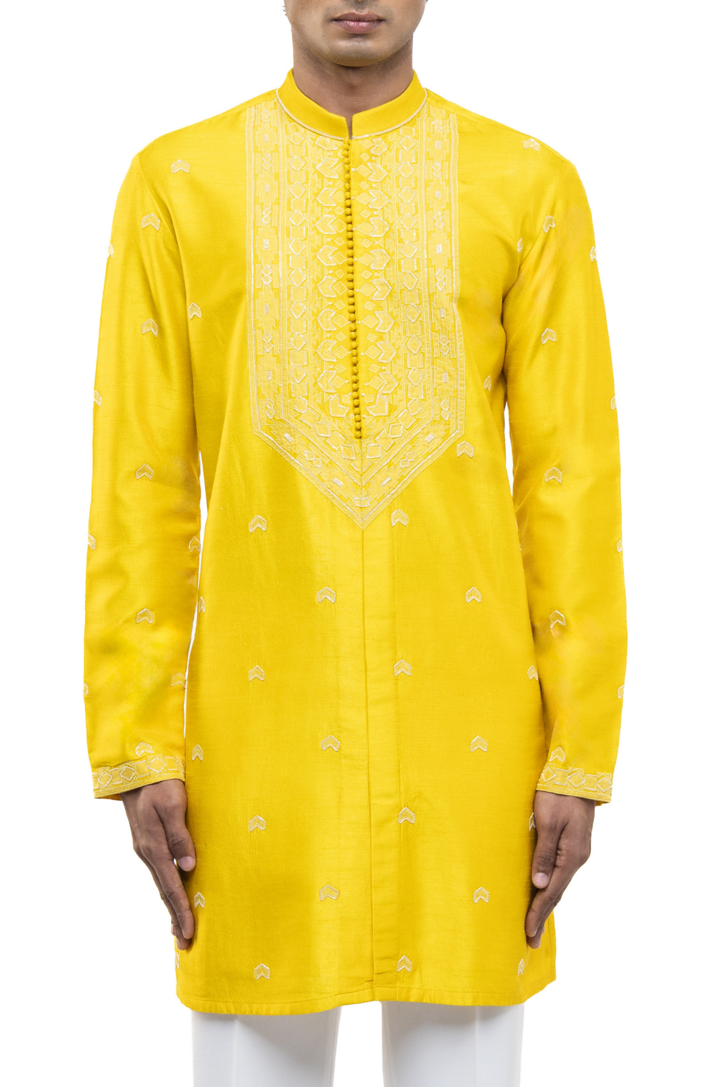 Yellow & White Silk Hand Embroidery Kurta Set