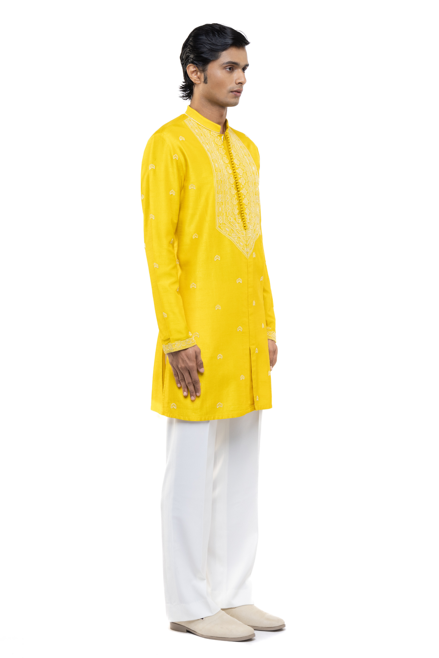 Yellow & White Silk Hand Embroidery Kurta Set