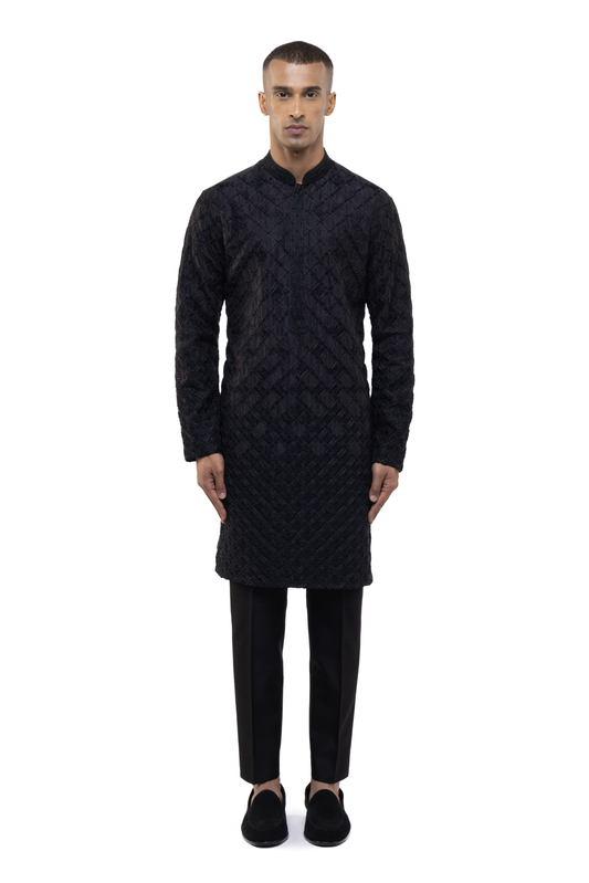 Black Geometrical Thread Embroidered Kurta Set