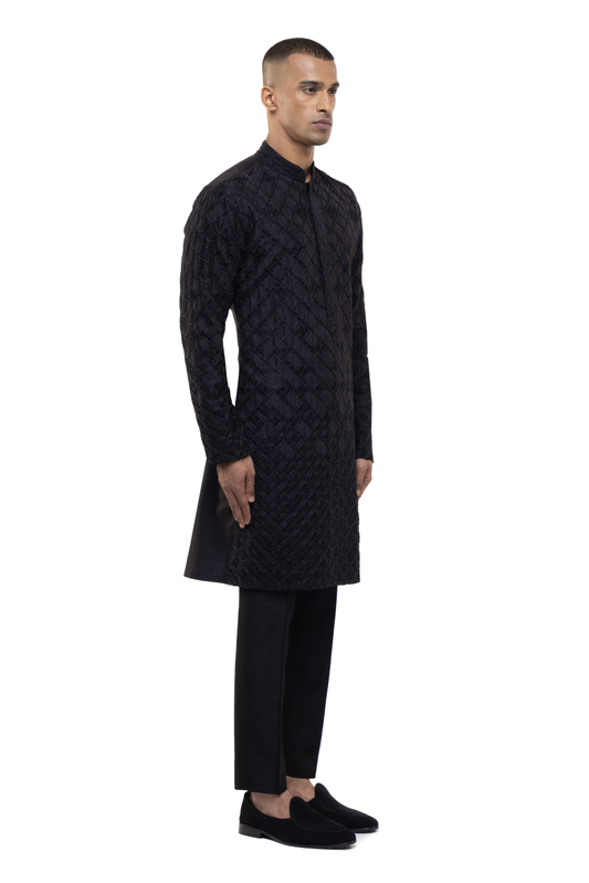 Black Geometrical Thread Embroidered Kurta Set