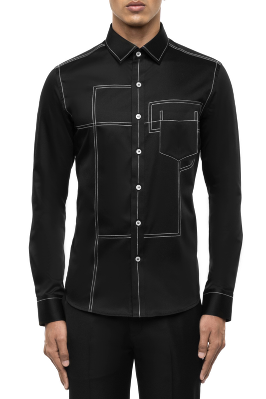 Black Cotton Shirt with White Stitchlines