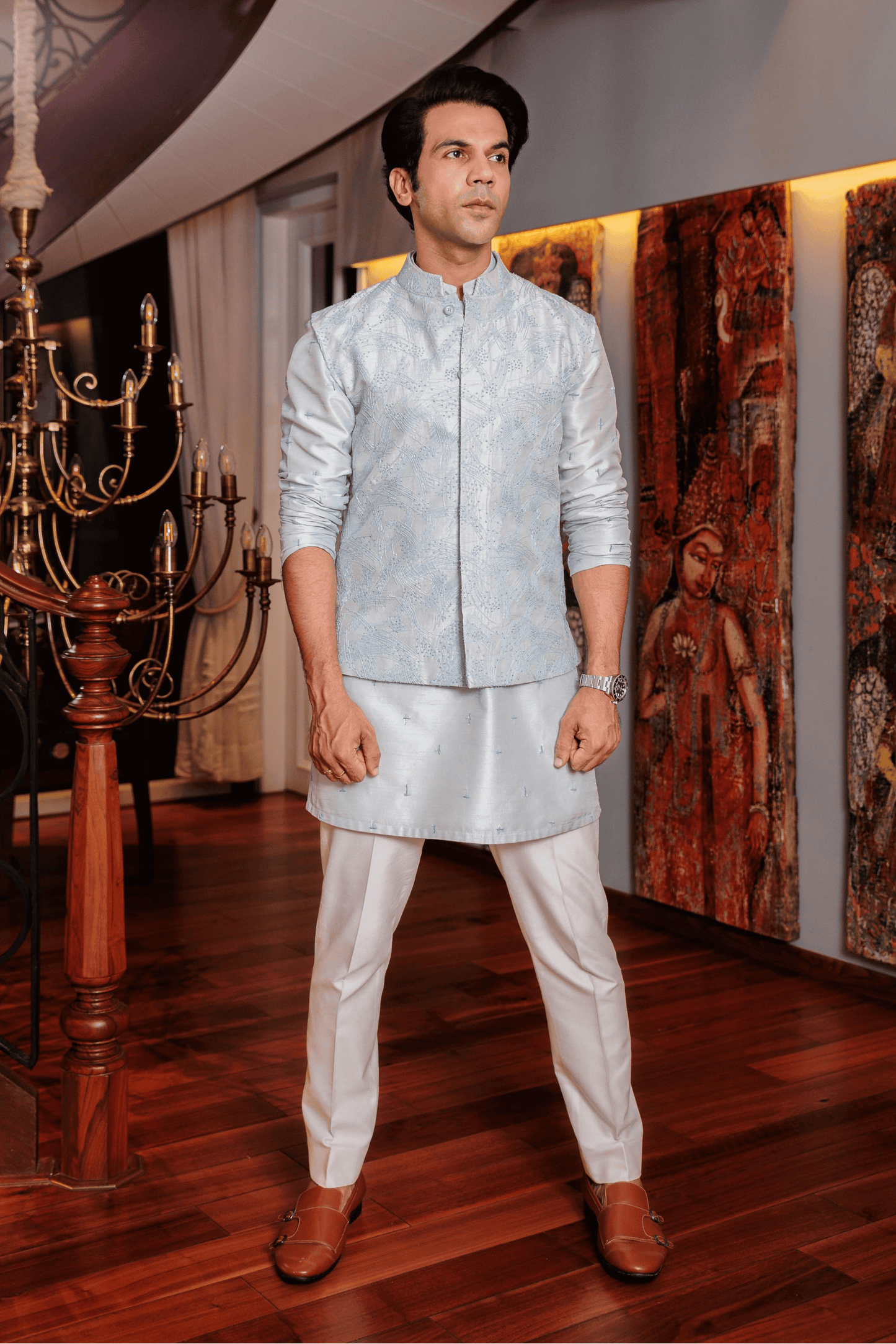 Light Blue Hand Embroidered Kurta-Bandi Set