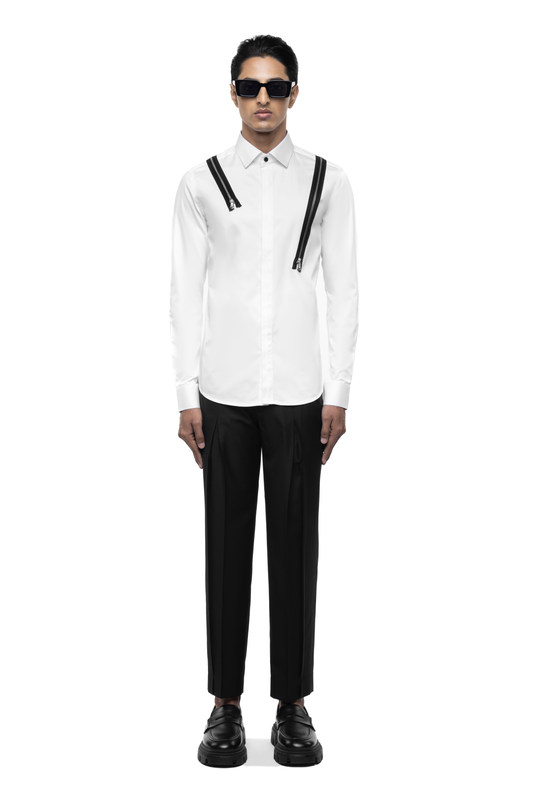 White Cotton Shirt with Black Zip Accents