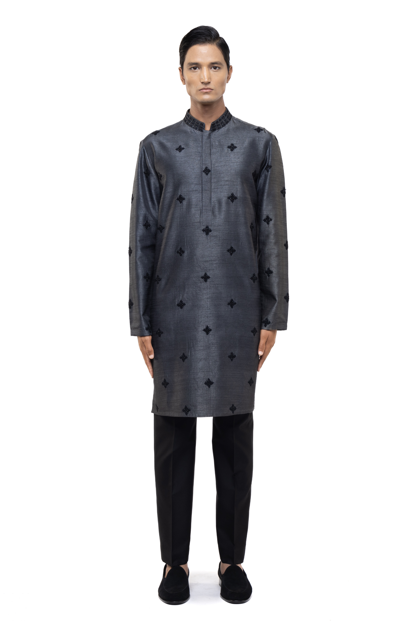 Grey & Black Silk Embroidered Kurta Set