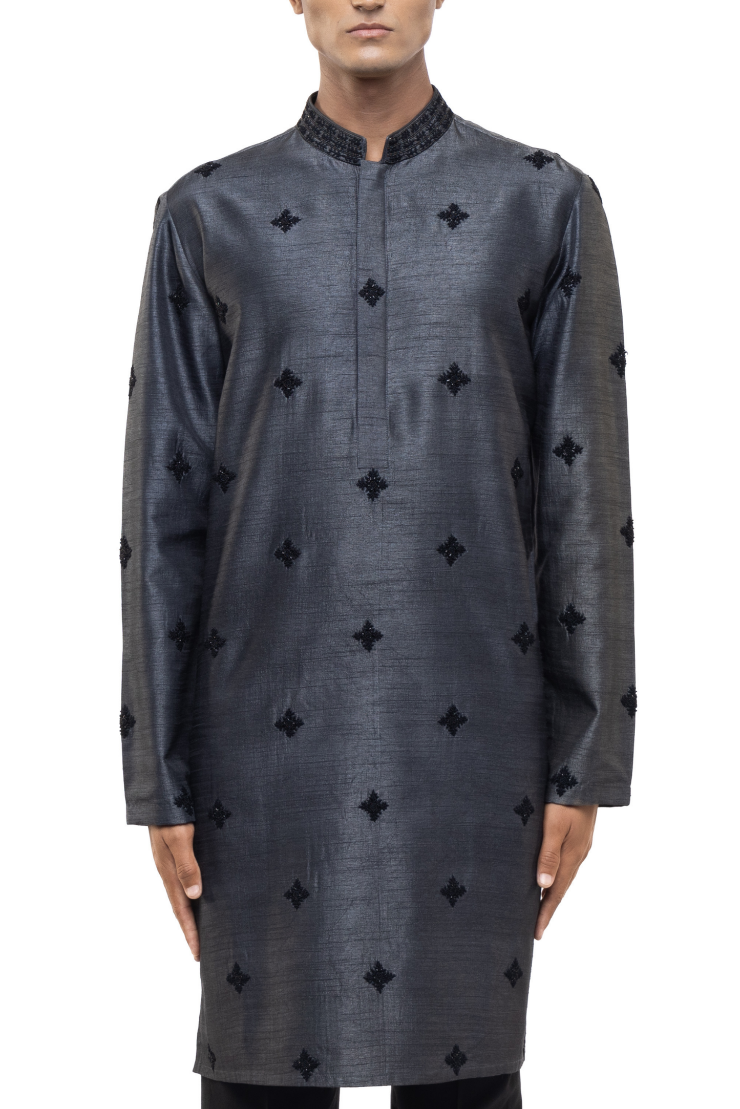 Grey & Black Silk Embroidered Kurta Set