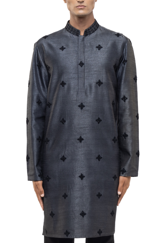 Grey & Black Embroidered Kurta Set