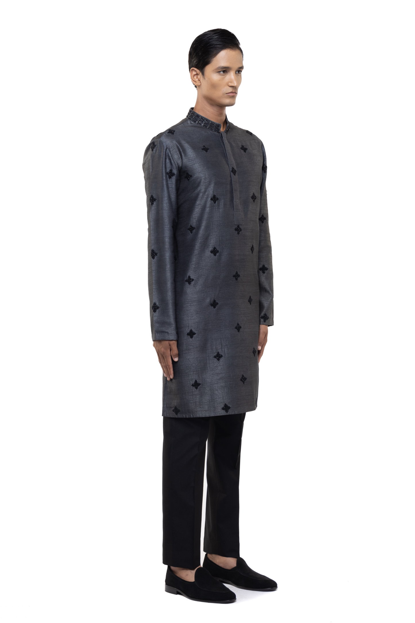 Grey & Black Silk Embroidered Kurta Set