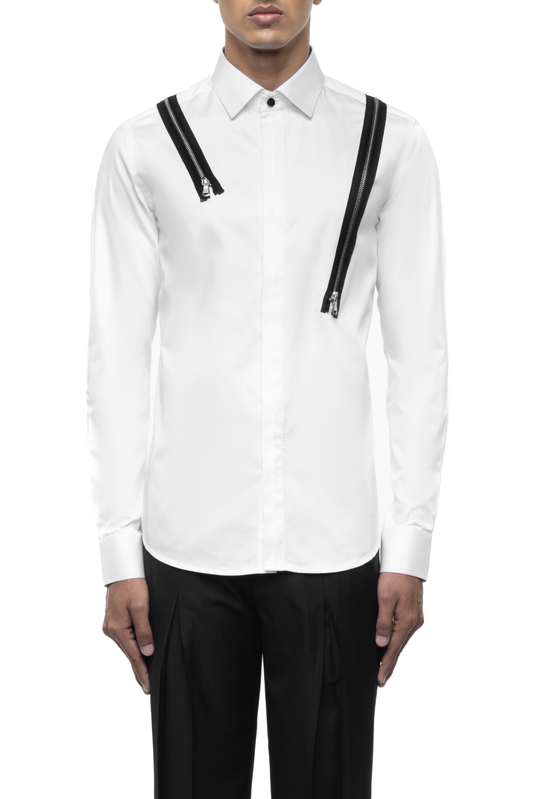 White Cotton Shirt with Black Zip Accents