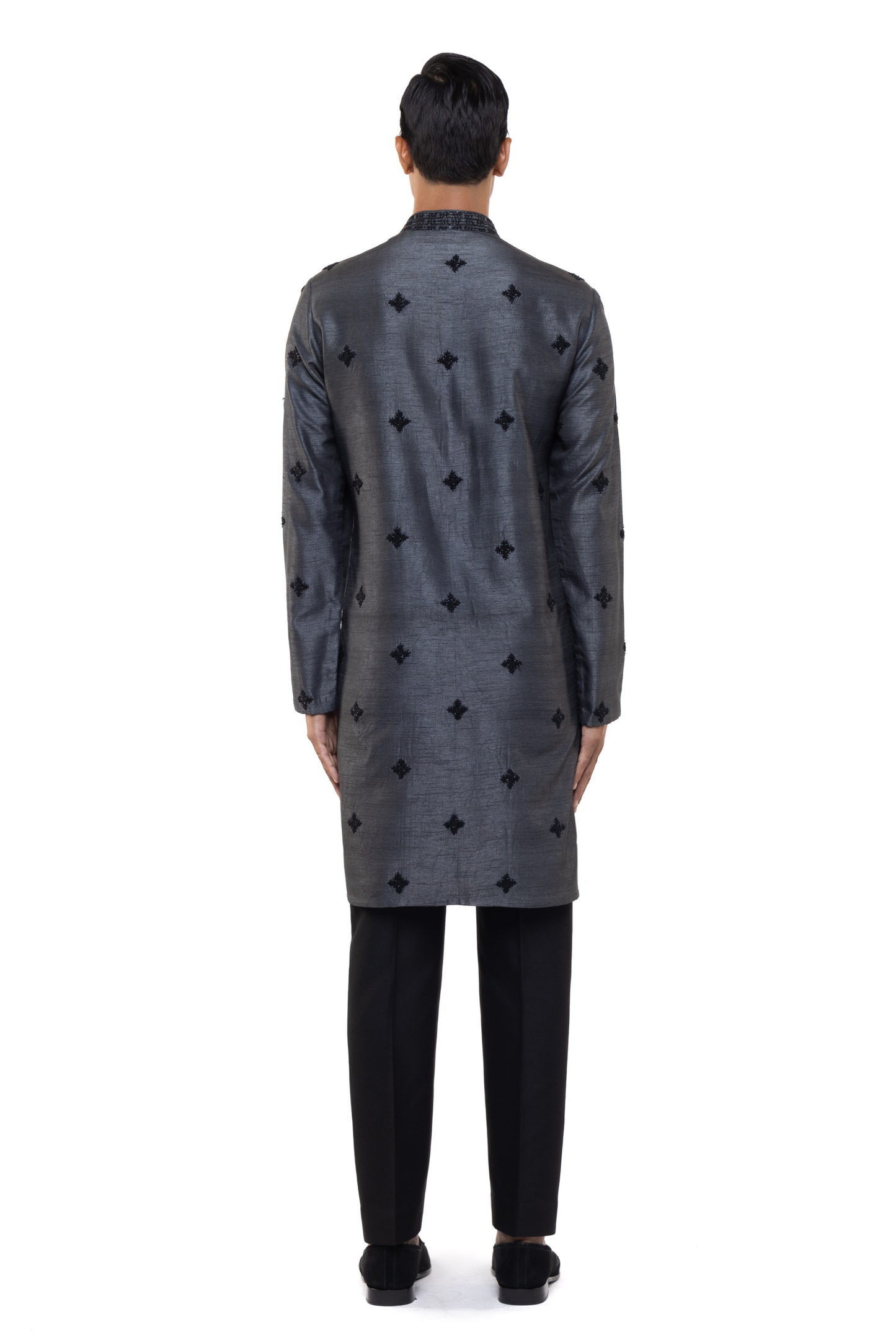 Grey & Black Silk Embroidered Kurta Set