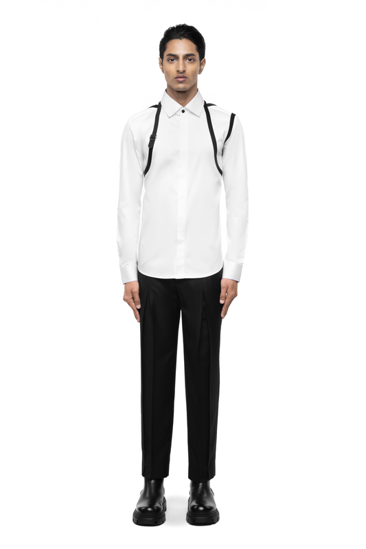 White Cotton Shirt with Black Double Shoulder Harness Accents