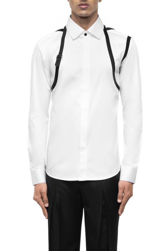 White Cotton Shirt with Black Double Shoulder Harness Accents