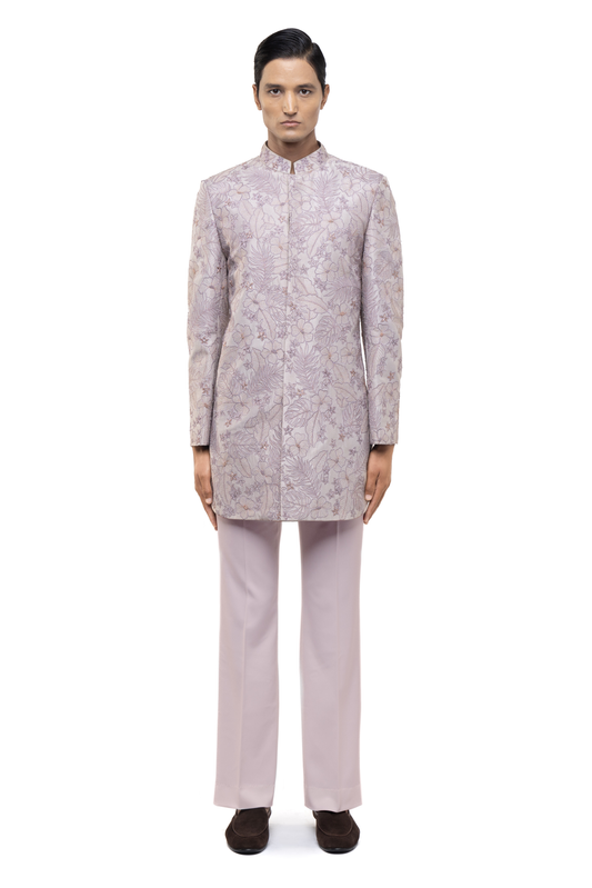 Lilac Silk Floral Embroidered Sherwani Set