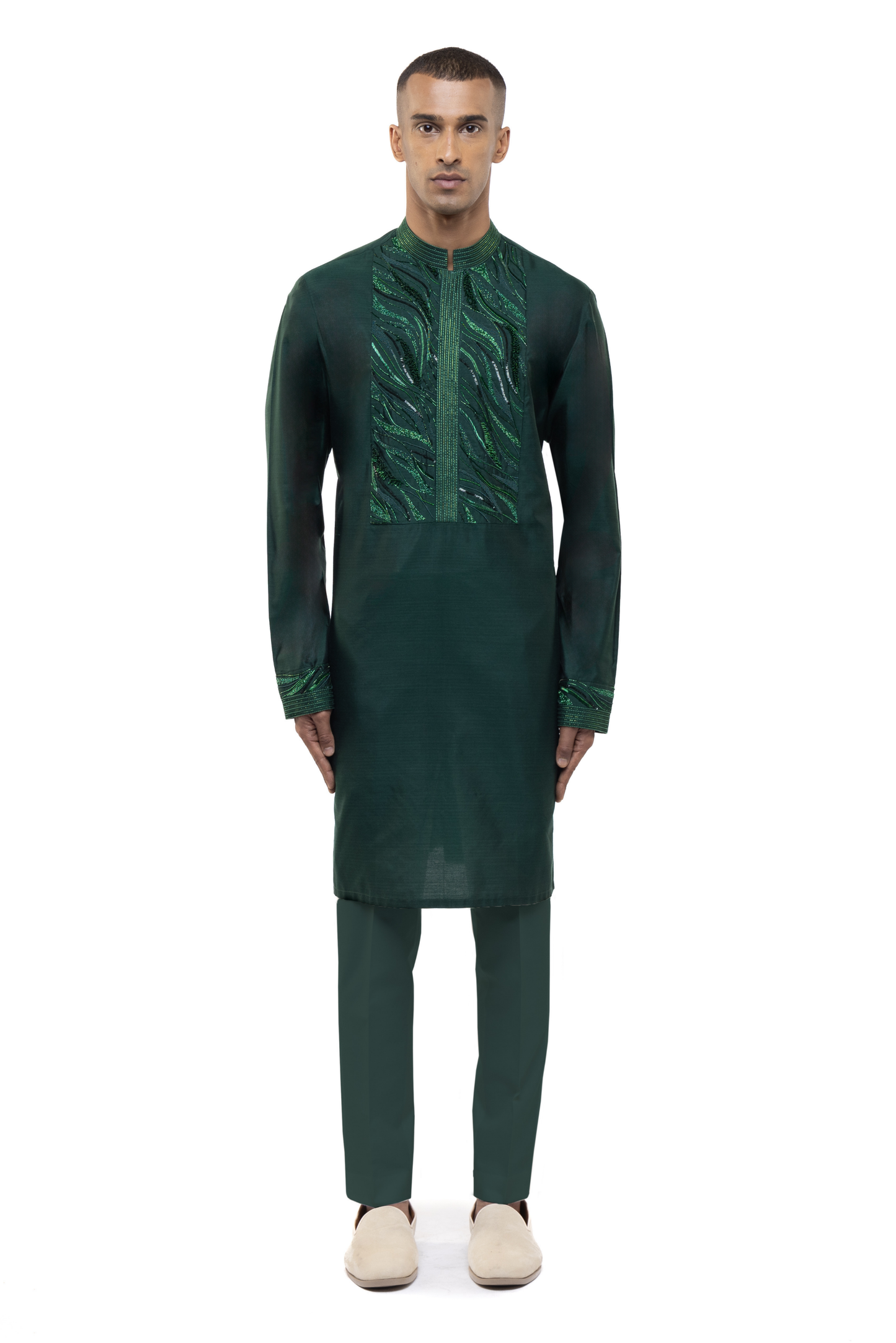 Green Silk Geometric Waves Embellished Kurta Set