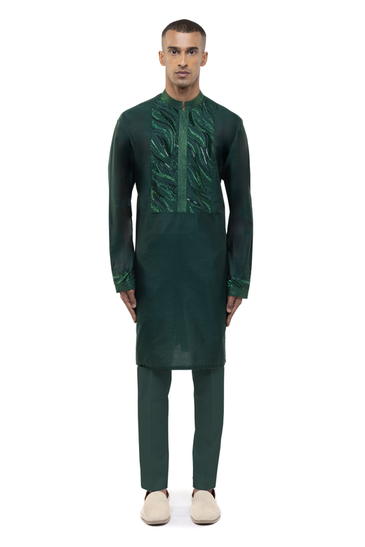 Green Geometric Waves Embellished Kurta Set