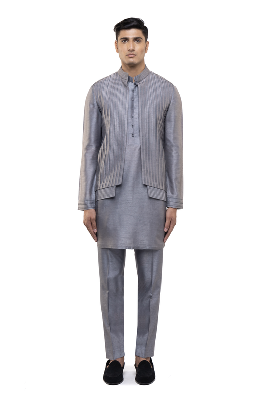 Grey Silk Pleated Open Kurta Bandi Set