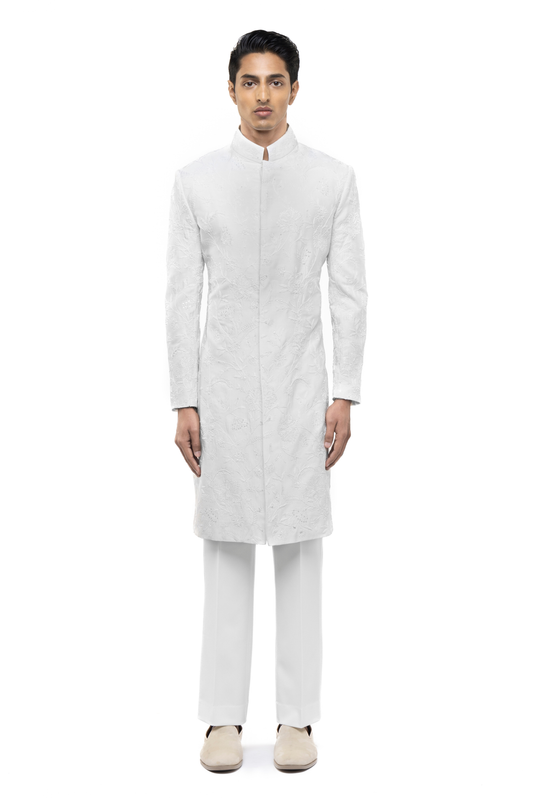 White Silk Floral Embroidery Sherwani Set